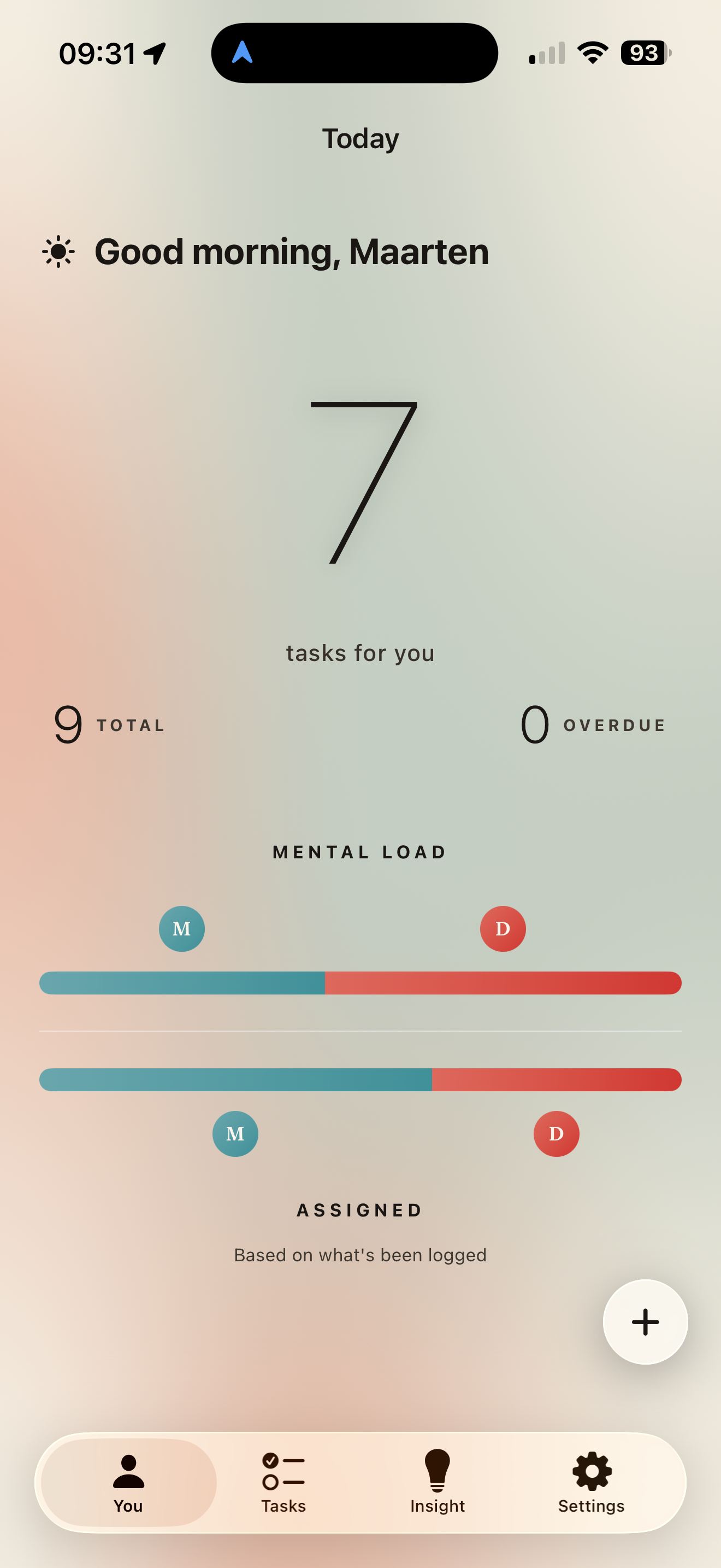 Hubby You screen showing Mental Load and Assigned bars