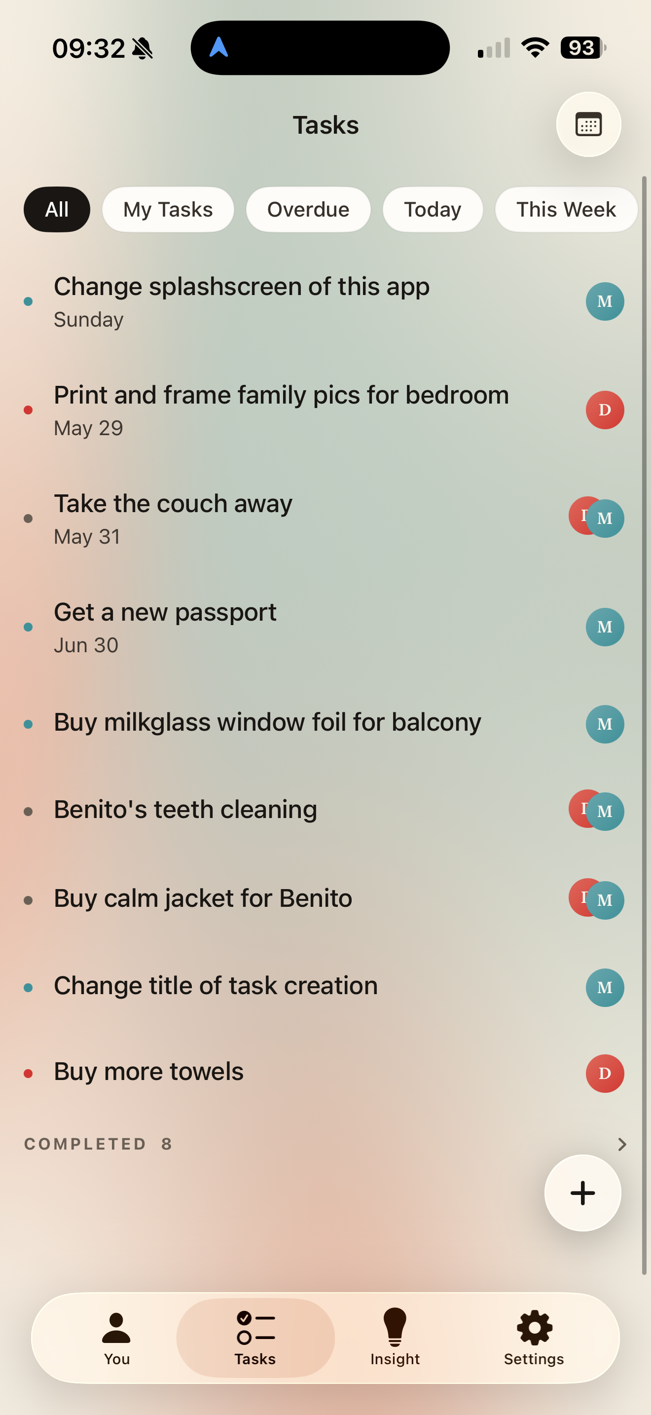 Hubby Tasks tab. Week strip with today and tomorrow