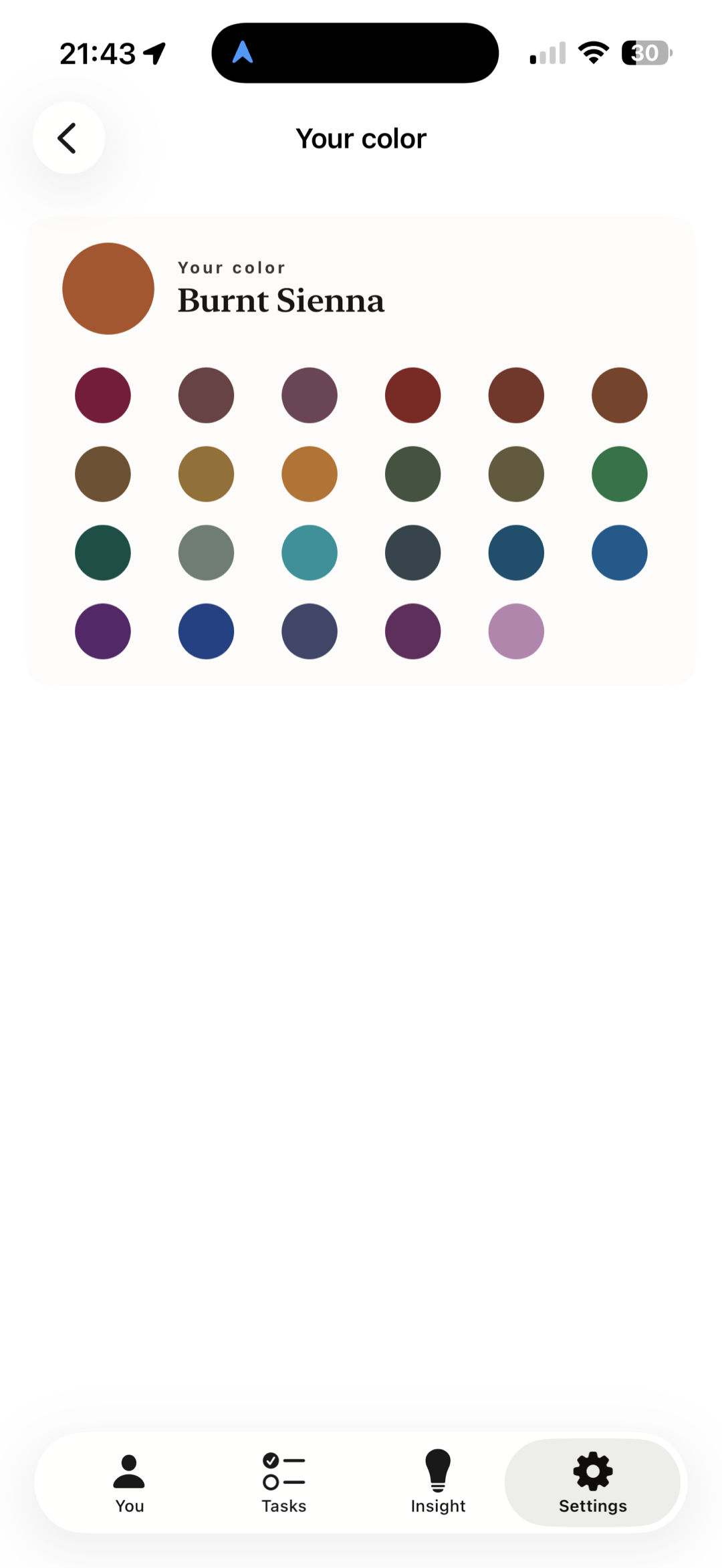 Hubby colour picker. Wada palette with Burnt Sienna selected